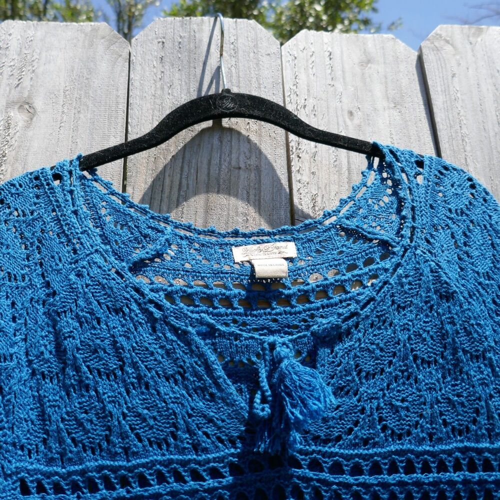Lucky Brand Sweater Open Knit Crochet Blue Size Medium 3/4 Sleeve Cotton Boho - Picture 2 of 7